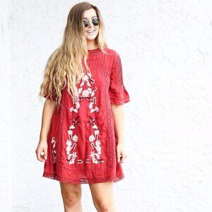 Free People Perfectly Victorian Embroidered Rust Mini Dress- Size Small-Red
